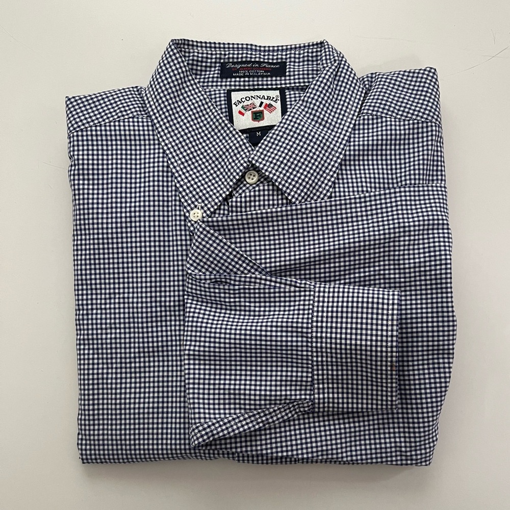 Façonnable 100% cotton dress shirt dark blue gingham button-down